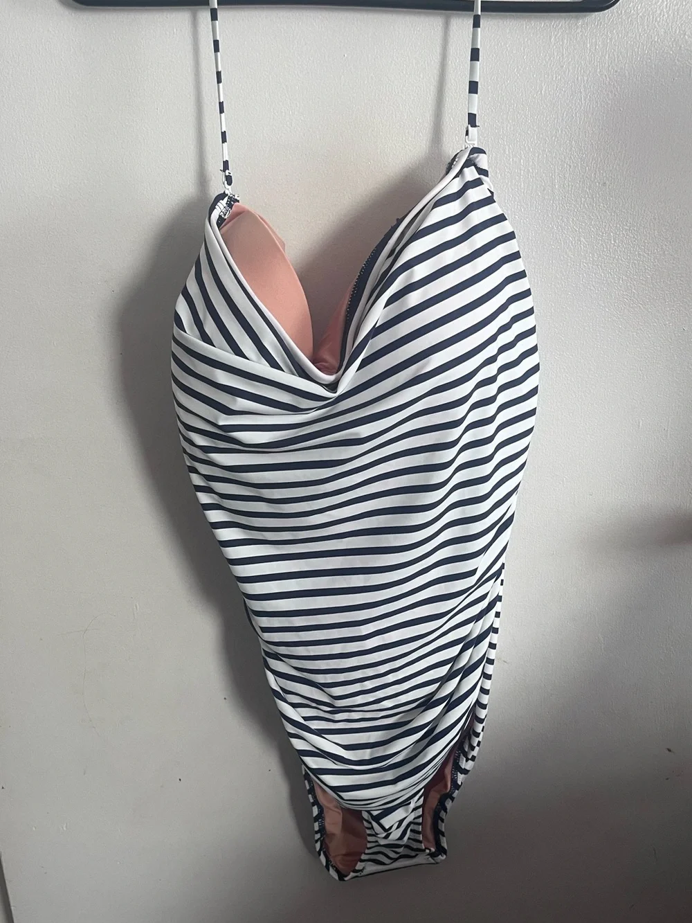 J. Crew Navy & White Striped One-Piece Swimsuit with Pink Lining